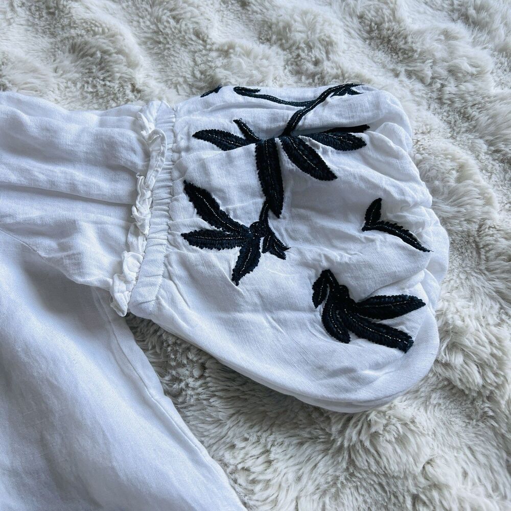 Chico's White & Blue Linen Blend Floral Puff Sleeve Boho Lagenlook Blouse Sz 16 - Picture 5 of 10